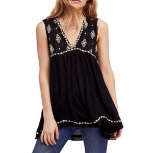 Free People: Black Diamond Embroidered Sleeveless V Neck Swing Tunic Top